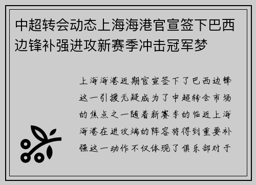 中超转会动态上海海港官宣签下巴西边锋补强进攻新赛季冲击冠军梦