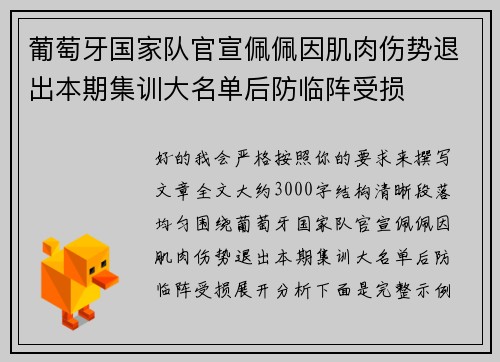 葡萄牙国家队官宣佩佩因肌肉伤势退出本期集训大名单后防临阵受损 葡萄牙国家队官宣佩佩因肌肉伤势退出本期集训大名单后防临阵受损